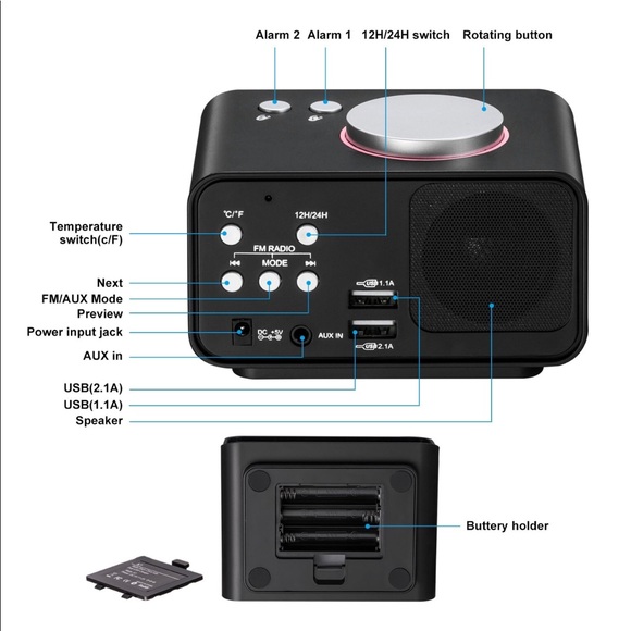 Alarm Clock Radio Fywonder, Dual USB Charger Port - Picture 6 of 7